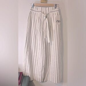 NWT Zara Cotton Blend Striped Casual Wide Leg Coastal Paper Bag Pants Sz XS